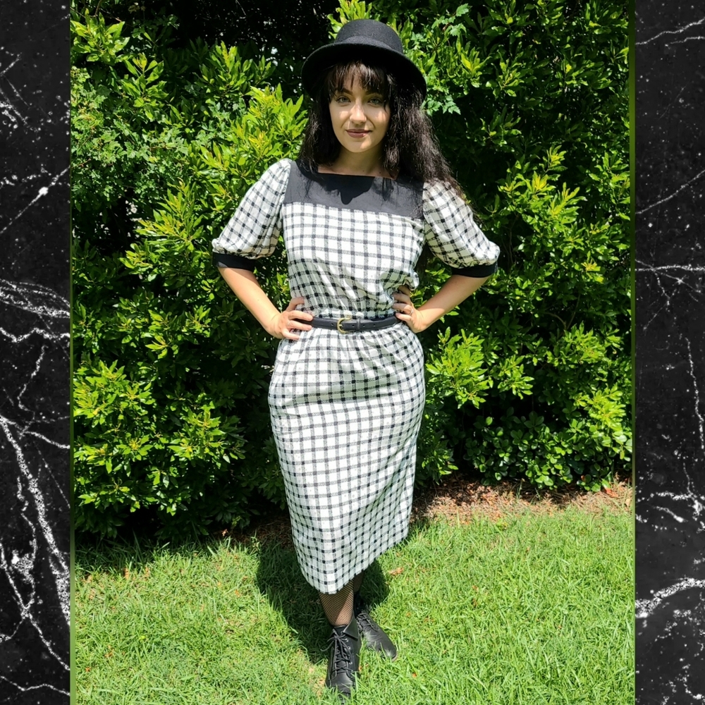 Vintage 1980s Black and White Plaid/Check Pattern Dress